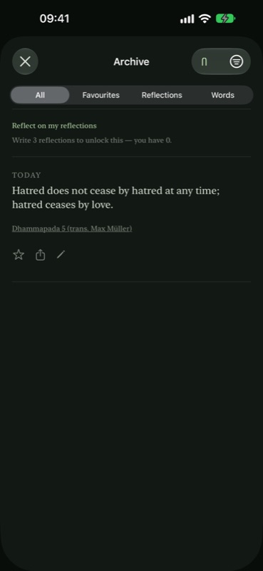 The Archive screen in the forest palette, listing the day's quote with options to favourite, share or write a reflection.