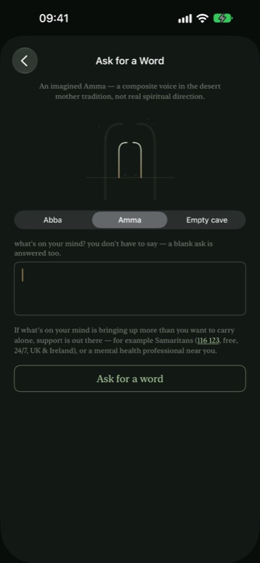 The Ask for a Word screen: a choice of Abba, Amma or empty cave, a box for what is on your mind, and a note pointing to Samaritans if you need support.